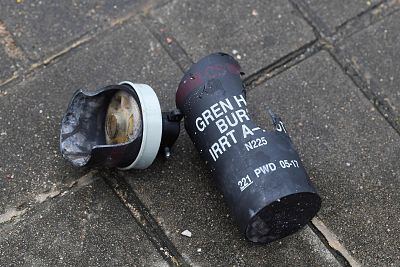 A used tear gas shell on a pavement a day after a violent demonstration against a controversial extradition law proposal in Hong Kong on June 13, 2019.