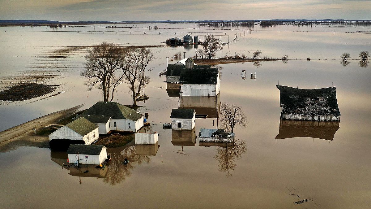 Image: Floodwaters surround a farm in Craig, Missouri, on March 22, 2019.