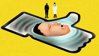 Illustration of a police officer and doctor watching as a head emerges from