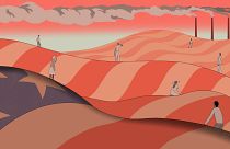 Illustration of overheated people standing on hills made of the American fl