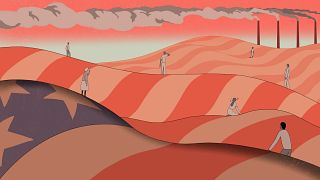Illustration of overheated people standing on hills made of the American fl