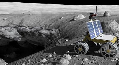 An artist\'s depiction of a mission at work exploring pits in the surface of the moon.