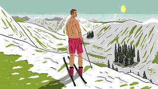 Illustration of skier in swim trunks standing on mountain with melting snow