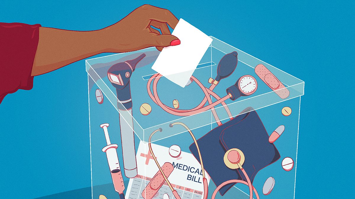 Illustration of a voter casting a ballot in a box full of medical supplies.