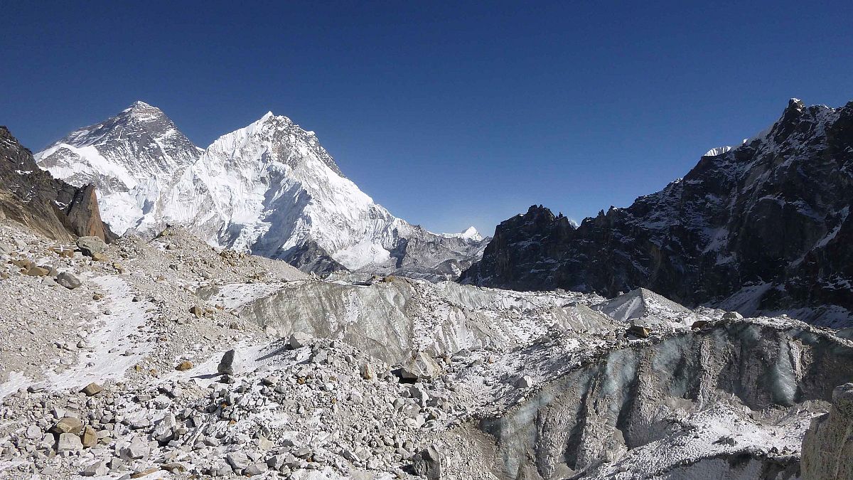 Image: The Changri Nup Glacier in Nepal, much of it covered by rocky debris