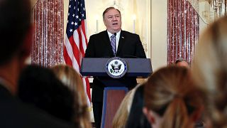 Image: Secretary of State Mike Pompeo speaks during the release of the Traf