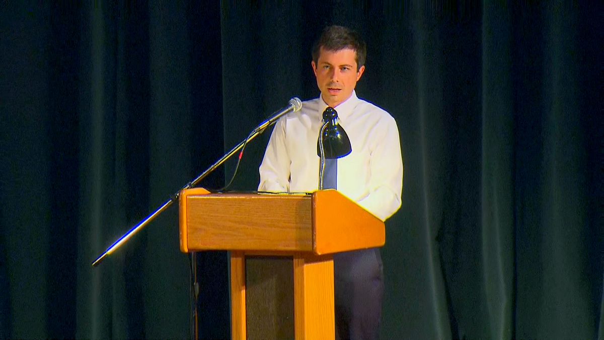 Image: Mayor Pete Buttigieg speaks at a town hall in South Bend, Indiana, o