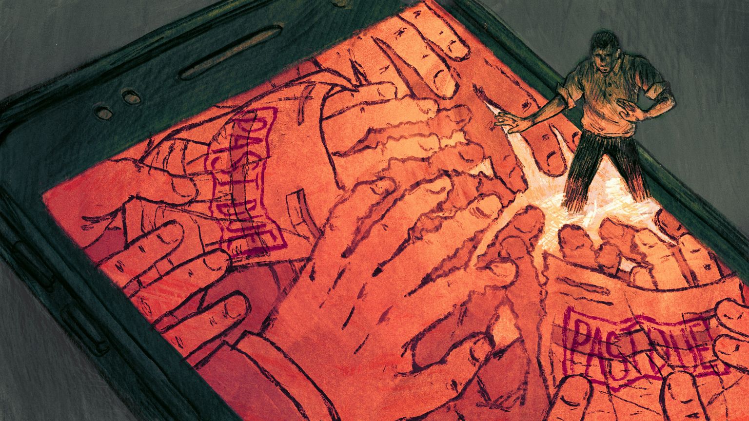 Illustration of a person wading into a phone where hands holding overdue bi
