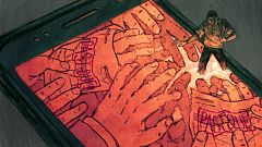 Illustration of a person wading into a phone where hands holding overdue bi