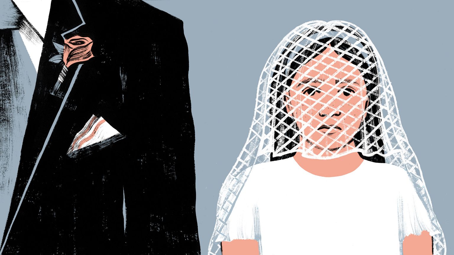 Illustration of young girl in wedding outfit standing next to an adult man.