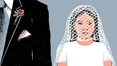 Illustration of young girl in wedding outfit standing next to an adult man.