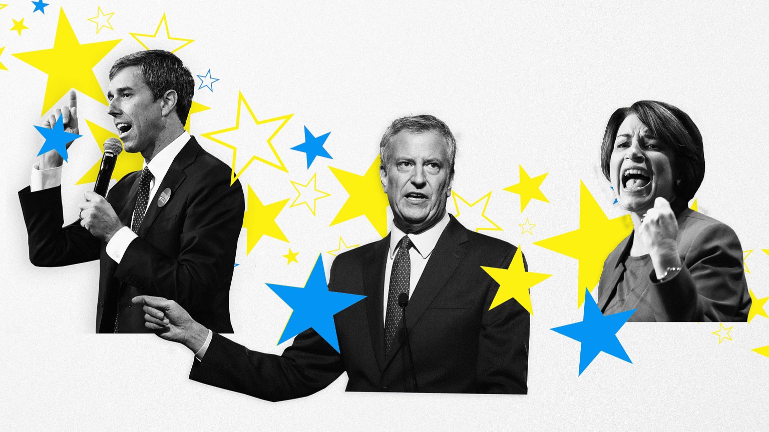 Photo illustration of Amy Klobuchar, Bill de Blasio, and Beto O'Rourke.