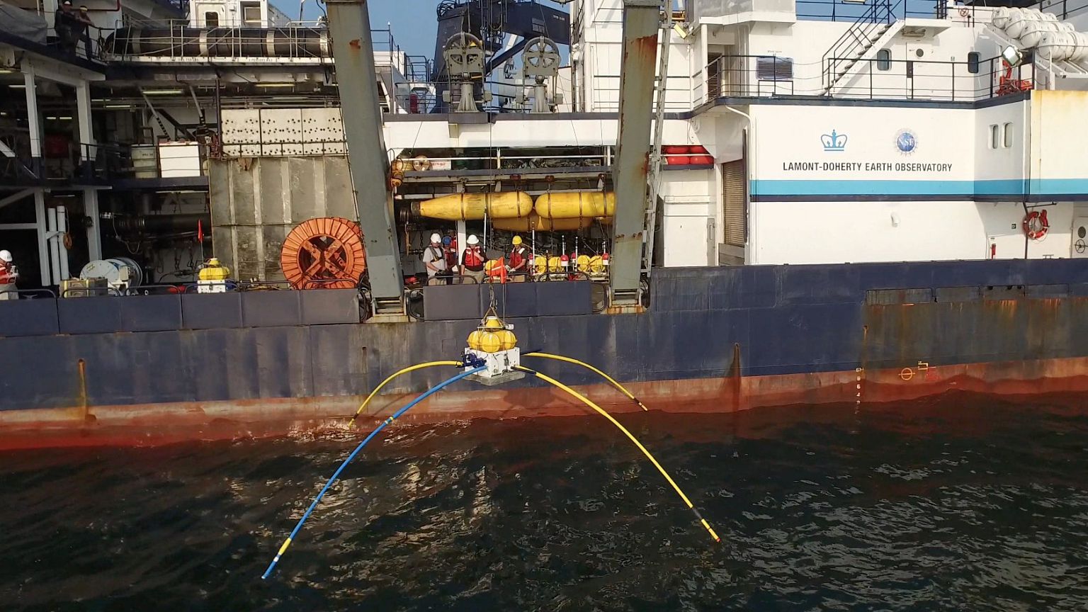 An electromagnetic receiver used in the study being deployed off the resear