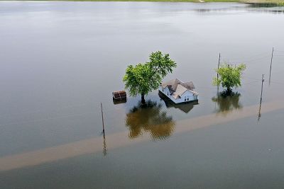 Floodwaters from the Mississippi River surround a home on June 1, 2019 in West Alton, Missouri.