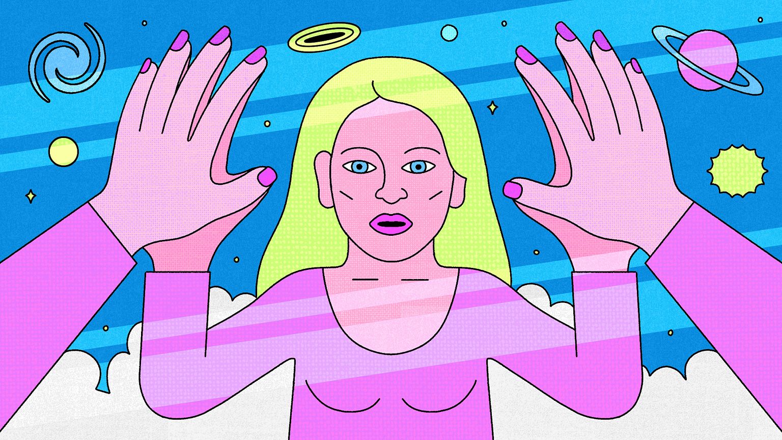 Illustration of woman holding hands up to a mirrorverse where her reflectio