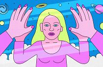 Illustration of woman holding hands up to a mirrorverse where her reflectio