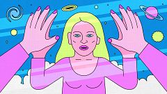 Illustration of woman holding hands up to a mirrorverse where her reflectio