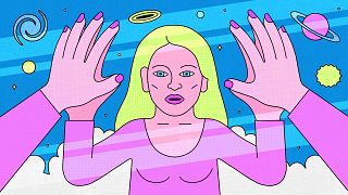 Illustration of woman holding hands up to a mirrorverse where her reflectio