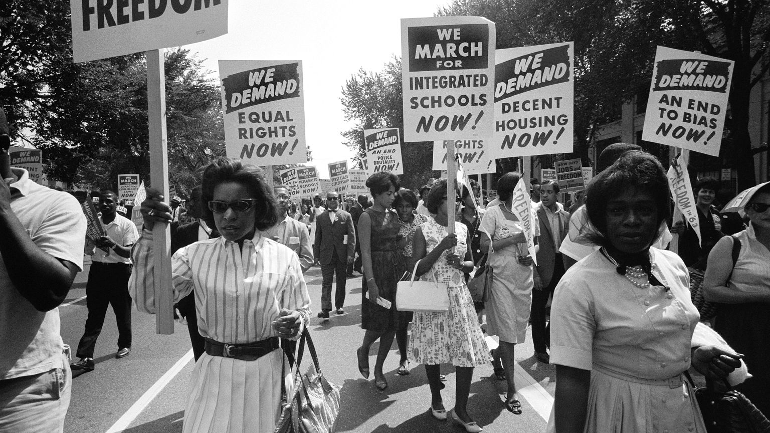 Image: Demonstrators carry signs calling for equal rights and integrated sc