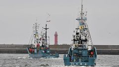 Image: Whaling ships depart from a port in Kushiro, Hokkaido Prefecture