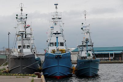 Japanese whaling ships setting up for Monday\'s resumption of commercial whaling at a port in Kushiro, Japan, on Sunday.