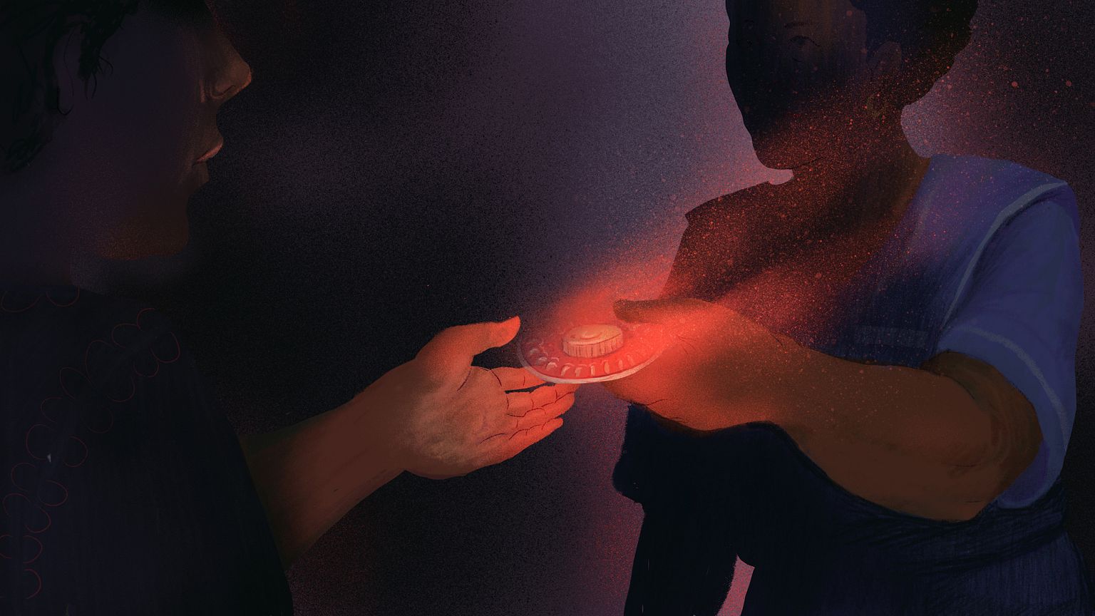 Illustration of nurse handing a woman a birth control packet as the packet 