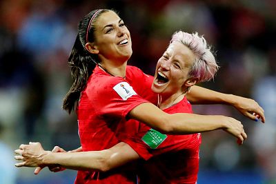 Alex Morgan of the U.S. celebrates scoring their 12th goal with Megan Rapinoe in a game against Thailand in Reims, France on June 11. 