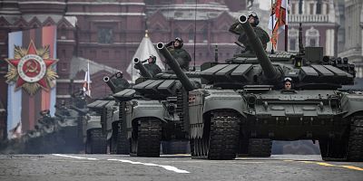 Russian tanks T-72 B3 roll through Red Square during the Victory Day military parade in Moscow on May 9, 2019.