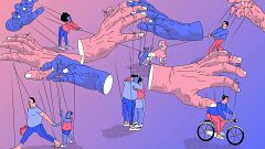 Illustration of hands controlling people like marionettes.