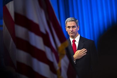Acting Director of the U.S. Citizenship and Immigration Services (USCIS) Ken Cuccinelli attends a naturalization ceremony inside the National September 11 Memorial Museum in New York on July 2, 2019.