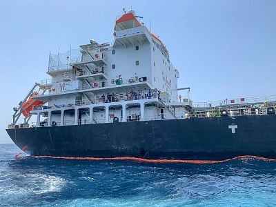 The damage to Japanese oil tanker Kokuka Courageous off the port of the Gulf emirate of Fujairah on June 19, 2019.