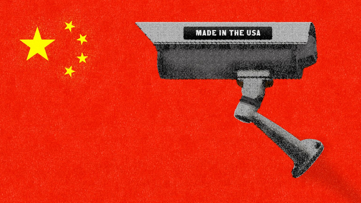 Illustration of surveillance camera with Made in America sticker on a Chine