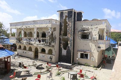 A view of Asasey Hotel after an attack, in Kismayo , Somalia, on July 13, 2019.