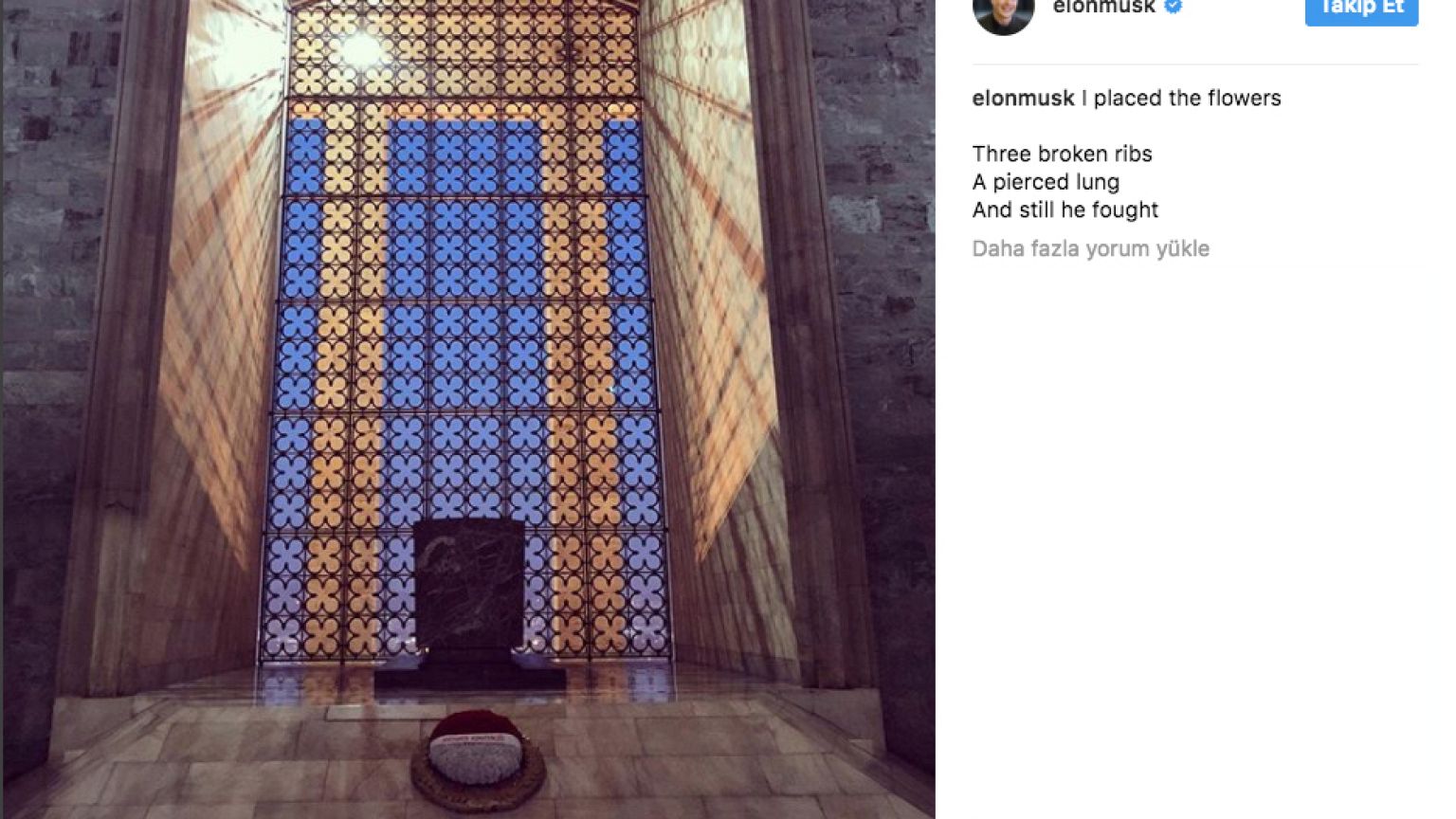 Elon Musk Anıtkabir'de: Üç kırık kaburga, bir delik akciğer ama yine de savaştı"