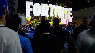 Image: A Fortnite booth at the E3 gaming convention in Los Angeles on June 