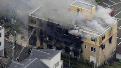 Image: An aerial view shows firefighters battling fires at the site where a