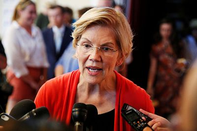 Democratic 2020 presidential candidate Sen. Elizabeth Warren speaks to members of the media during a town hall at the Peterborough Town House in Peterborough, New Hampshire on July 8, 2019.