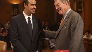 Image: At left, Eugene Scalia, nominee for Solicitor of Labor, gets