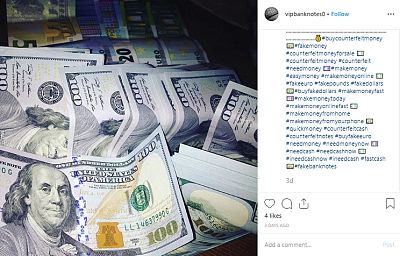 A screenshot of an Instagram account that claims to sell counterfeit money. The account was deleted after an inquiry from NBC News.