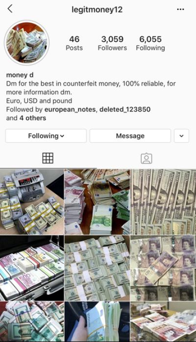 A screenshot of an Instagram account that claims to sell counterfeit money.