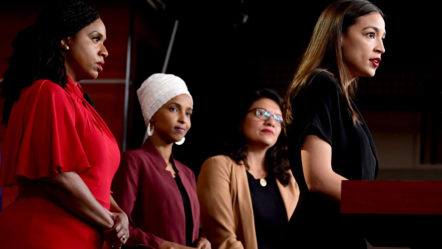 Image: Rep. Ayanna Pressley, Rep. Ilhan Omar, Rep. Rashida Tlaib, and Rep. 