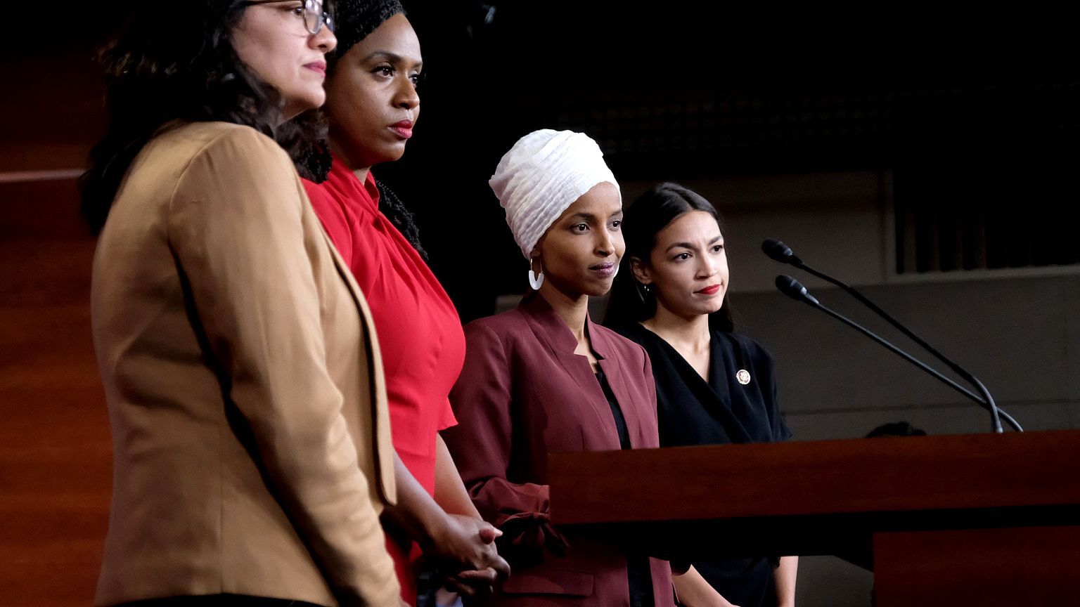 Image: Representatives Rashida Tlaib, Ayanna Pressley, Ilhan Omar, and Alex