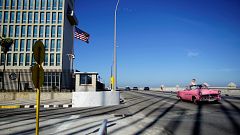 Tourists drive by the United States Embassy in Havana on Nov. 1, 2018.