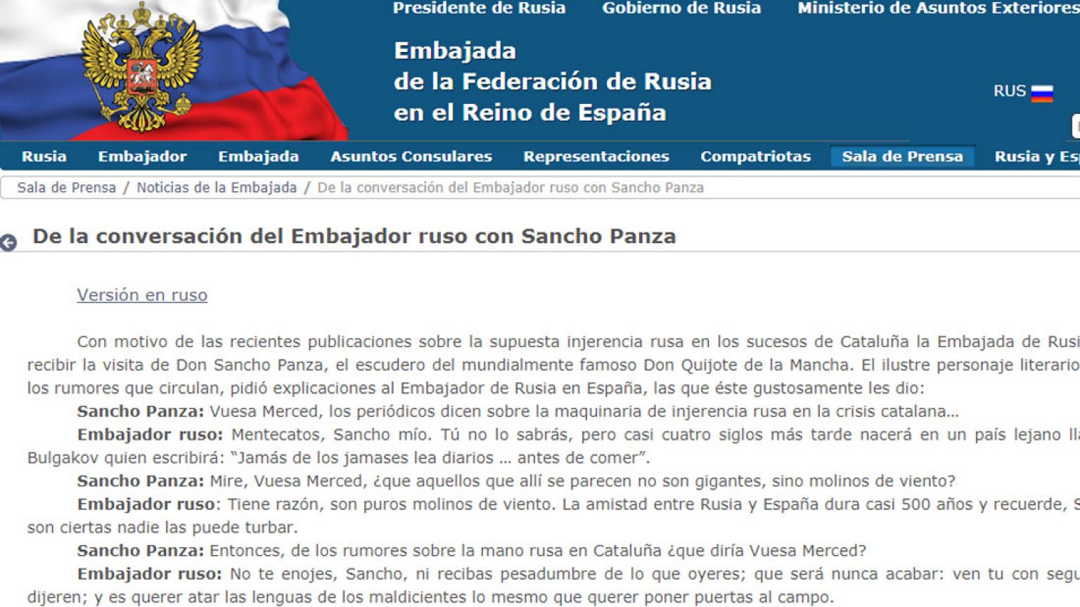 La embajada rusa en Madrid habló con Sancho Panza de las acusaciones sobre la injerencia en Cataluña