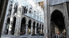 Image: General view of damage on the nave and rubble is pictured during pre