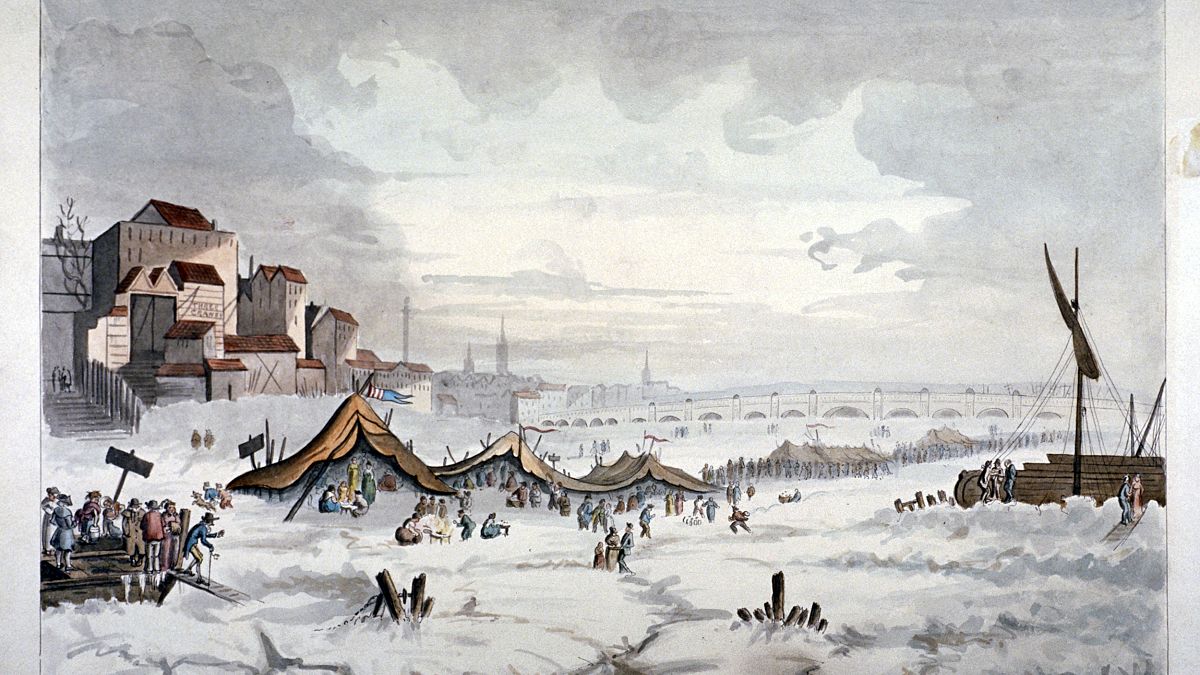 A painting of "frost fair" on the frozen River Thames in London in 1814 dur