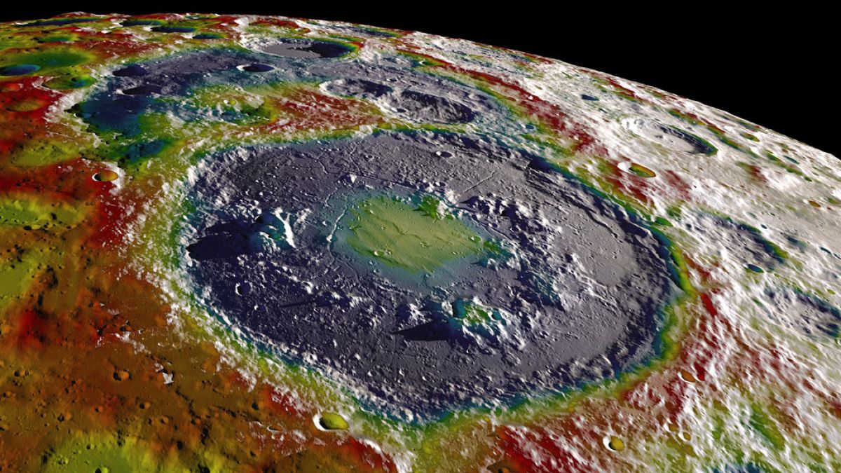 A gravity map of the moon's southern latitudes overlaid on terrain based on