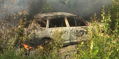 Burned vehicle allegedly used by suspects Kam McLeod, 19, and Bryer Schmegelsky, 18, near Gillam, Manitoba on July 22, 2019.