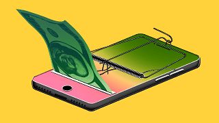 Illustration of phone with a mouse trap on it, dispensing money.