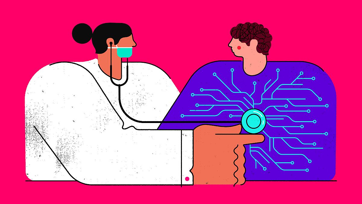 Illustration of doctor using a stethoscope on a patient with AI circuits su